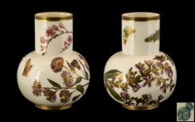 Royal Worcester Pair of Hand Painted Porcelain Vases of Pleasing Form and Proportions.