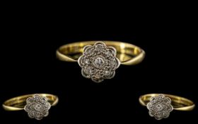 18ct Antique Diamond Ring. Diamond Ring of Flower head Setting. Marked 18ct. Size O.