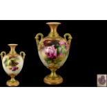 Royal Worcester Hand Painted and Impressive Twin Handle Globular Shaped Vase ' Roses ' Pink and Red