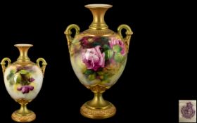 Royal Worcester Hand Painted and Impressive Twin Handle Globular Shaped Vase ' Roses ' Pink and Red
