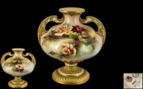 Royal Worcester Large and Impressive Hand Painted Twin Handle Vase ' Roses ' Stillife.