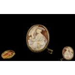 Antique Period - Superior 9ct Gold Framed Oval Shaped Shell Cameo of Large Proportions - Depicts a