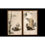 Pair of Oriental Handpainted on Silk Pictures, framed behind glass, each measures 17" x 10".