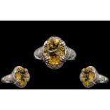 Ladies - 9ct White Gold Attractive Citrine and Diamond Set Dress Ring with Full Hallmark for 9.