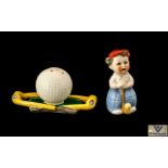 Goebel 1960's Hand Painted Novelty Cruet Set In the Form of a Golfer Boy and Large Golf Ball and