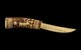 Scrimshaw Interest. Carved Antler In the Form of a Knife. Carved Reindeer Decoration.