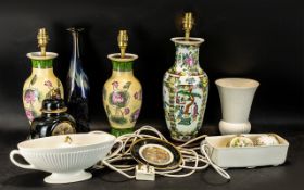 A Box of Assorted Pottery to include an Oriental style table lamp, two further lamps,