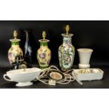 A Box of Assorted Pottery to include an Oriental style table lamp, two further lamps,