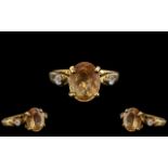 9ct Gold Citrine and Diamond Set Ring. A