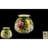 Royal Worcester James Hadley Hand Painted Porcelain Small Vase ' Roses ' Stillife. Date 1908 & Shape