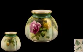 Royal Worcester James Hadley Hand Painted Porcelain Small Vase ' Roses ' Stillife. Date 1908 & Shape