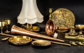 Collection of Brass and Copperware including chamber stick lamp, brass trays, candlesticks, brass