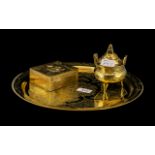 Chinese Brass Incense Burner and Lid, Chinese box, (a/f), and Middle Eastern tray, 13 inches (32.