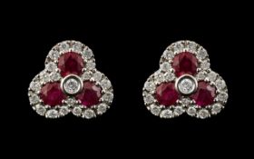 Ladies - Attractive Pair of 9ct White Gold Diamond and Ruby Set Earrings, In a Shamrock Design.