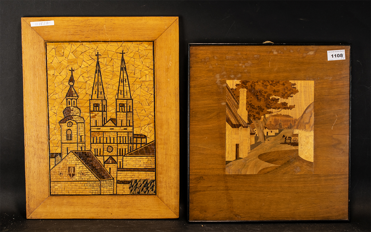 Two Walnut Inlaid Wall Panels, one depicting a church building and the other a village scene.