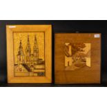 Two Walnut Inlaid Wall Panels, one depicting a church building and the other a village scene.