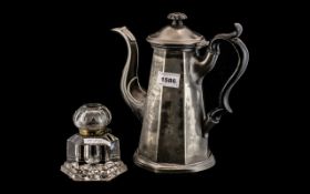 Large Antique Glass Inkwell with An Antique Pewter Coffee Pot.