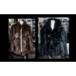 Black Coney Fur Jacket with quilted lining, two side pockets with leather trim, and hook and eye