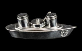 Chromed Art Deco Salt, Pepper and Mustard Set in the form of a boat, 6 inches (15cms) in diameter