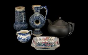 Two Mettlach Type Stoneware Vases, blue pottery cream jug, Imari dish and a Wedgwood Basalt tea