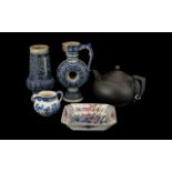 Two Mettlach Type Stoneware Vases, blue pottery cream jug, Imari dish and a Wedgwood Basalt tea