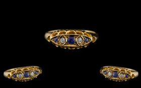 Antique Period 18ct Gold Five Stone Diamond and Sapphire Set Ring with Gallery Setting. Hallmark