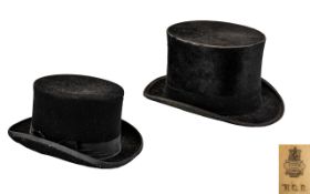 Two Vintage Traditional Black Top Hats, one made by Woodrow, Liverpool, the other, Burgo, London (