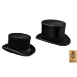 Two Vintage Traditional Black Top Hats, one made by Woodrow, Liverpool, the other, Burgo, London (