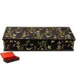 Chinese Hand Decorated Lacquered Papier Mache Glove Box, a large antique glove box with hand painted