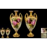 Royal Worcester Pair of Fine Quality Hand Painted and Signed Twin Handle Vases ' Roses ' Stillife.