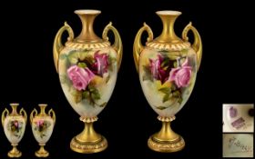 Royal Worcester Pair of Fine Quality Hand Painted and Signed Twin Handle Vases ' Roses ' Stillife.