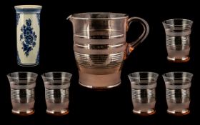 Vintage Water Set, comprising a large jug and six tumblers in a pale pink colour with decorative