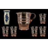 Vintage Water Set, comprising a large jug and six tumblers in a pale pink colour with decorative