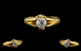 Antique Period 18ct Gold - Superb Quality Gypsy Set Single Stone Diamond Ring, The Cushion Cut