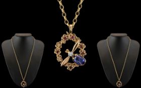 Ladies 9ct Gold Attractive - Sapphire and Diamond Set Bumble Bee Pendant with Attached 9ct Gold