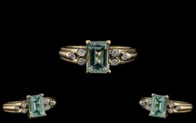 Ladies - 9ct Gold Attractive Aquamarine and Diamond Set Ring. Fully Hallmarked for 9.375. Marked 9ct