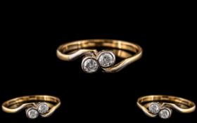 18ct Gold and Platinum - Attractive Two Stone Diamond Set Ring. Marked 18ct Gold and Platinum to