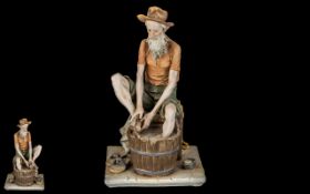 Capodimonte - Signed and Hand Painted Figure ' Old Gent Washing His Feet ' In a Large Tub. Signed