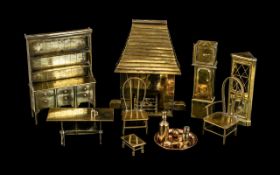 Collection of Vintage Brass Doll's House Furniture, including large fireplace, dresser, coffee