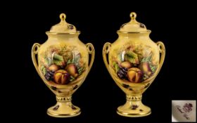 Aynsley - Fine Bone China ' Orchard Gold ' Pair of Twin Handled Lidded Vases ' Fallen Fruits '