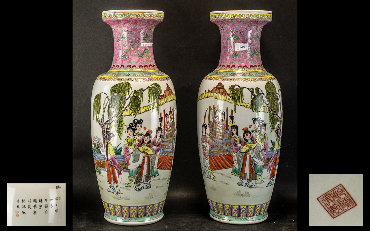 Pair of Large Chinese Vases. Famille Rose Decorated Depicting Maidens In a Garden Pavilion