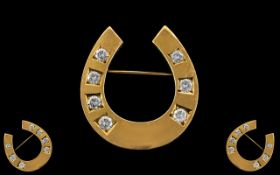 Antique Period 18ct Gold Diamond Set Horseshoe Brooch. Marked 18ct. The Seven Round Brilliant Cut