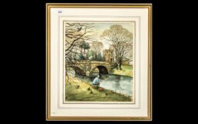 Signed Watercolour Painting in Frame, a well painted watercolour showing a man fishing by a river,