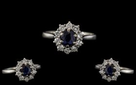 18ct White Gold - Attractive Sapphire and Diamond Set Cluster Ring - Flower head Setting. The