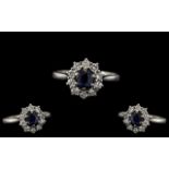 18ct White Gold - Attractive Sapphire and Diamond Set Cluster Ring - Flower head Setting. The