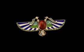 Egyptian Revival Art Deco Enamel Brooch, Set with Cabochon Cut Stone to Centre. In Excellent