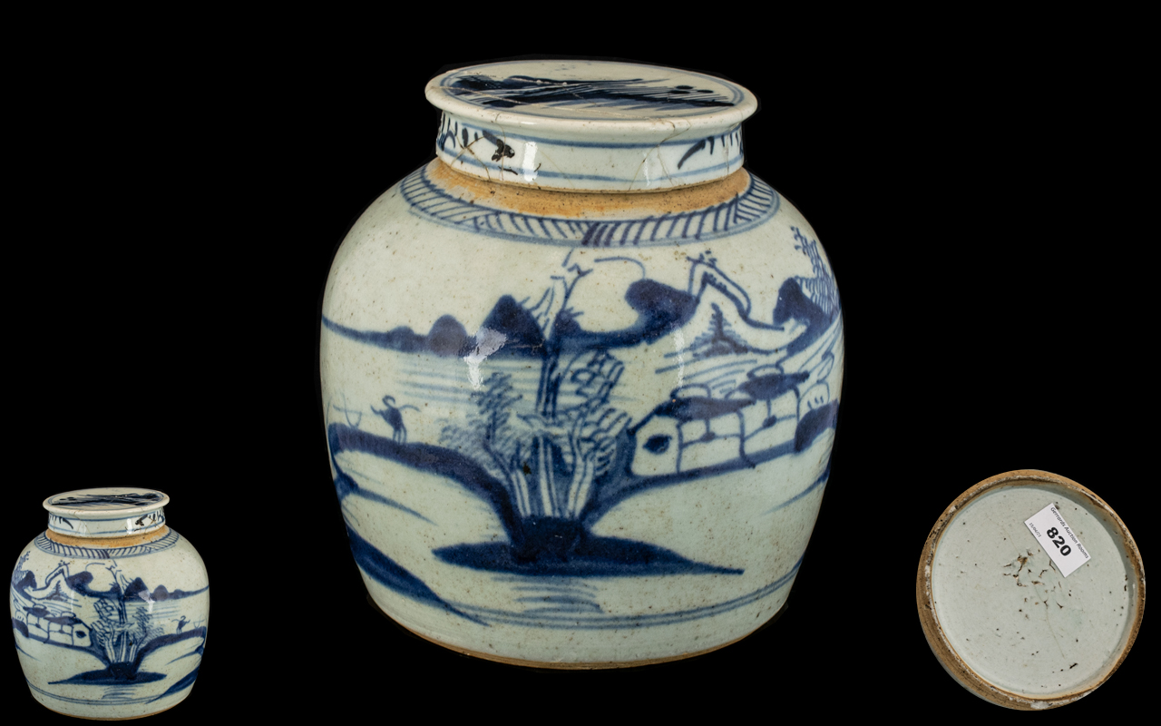 18th Century Blue and White Chinese Ginger Jar with decoration of village scenes and mountains; 6.