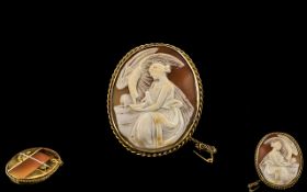 Antique Period - Superior 9ct Gold Framed Oval Shaped Shell Cameo of Large Proportions - Depicts a