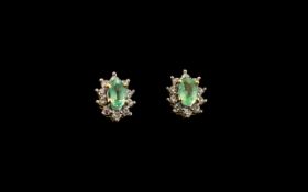 Colombian Emerald Halo Stud Earrings, oval cut emerald solitaires, mined in Colombia, the source