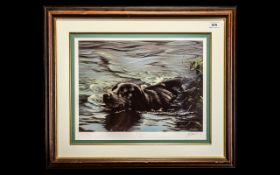 Signed Limited Edition Print of Black Labrador Swimming, by artist John Silver. No. 420/600. Mounted